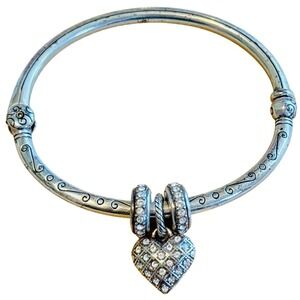 Brighton Sorority Heart Charm Bangle Bracelet Swarovski crystal Silver Plated 7"
